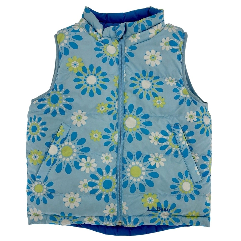 LL Bean Girl's Goose Down‎ Reversible Puffer Vest Large 6X/7 Blue Floral & Solid
